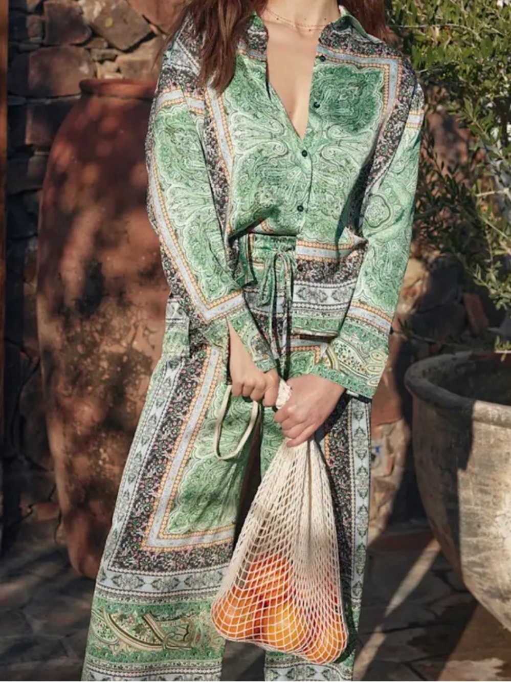 Lulu's Green Paisley Print Satin Pant and Button Down Shirt Set XL - Picture 2 of 5